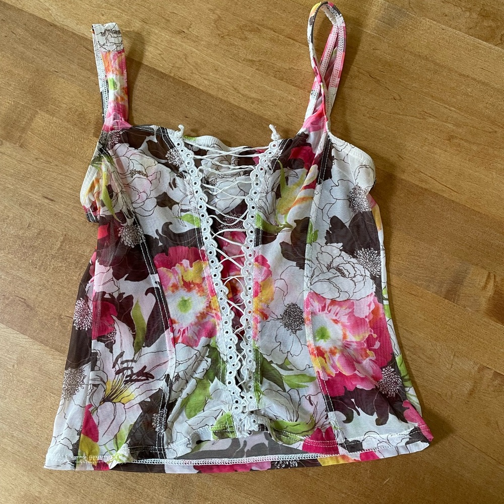 Arianne Pink and Green Floral Lace-Up Tank Top